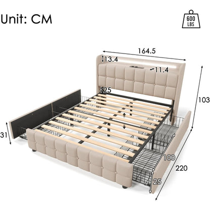 Tweepersoonsbed – Opbergbed – Gestoffeerd Bed – Bed 160x200 – Slaapbed – Met LED Verlichting – 4 Lades – USB Oplader – Houten Frame – Beige