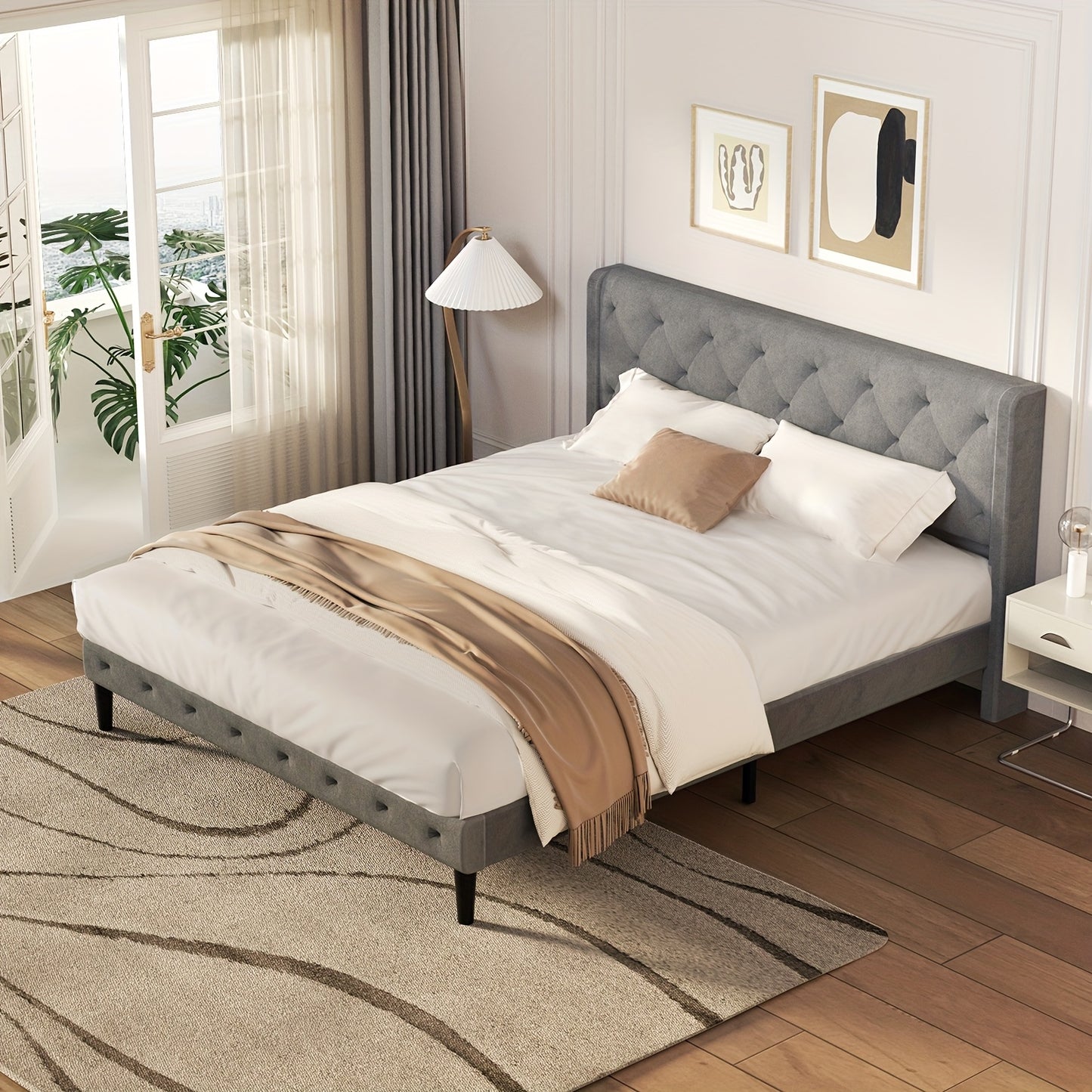 Tweepersoonsbed 140x200 cm – Gestoffeerd Bed – Bedframe Met Hoofdbord – Stabiel Bed Frame – Bed Met Opbergruimte – Zacht Stofbekleed – Lattenbodem Inclusief