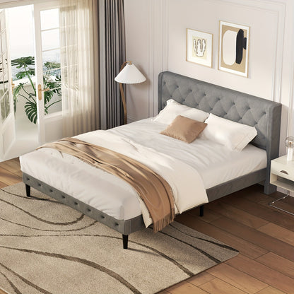 Tweepersoonsbed 140x200 cm – Gestoffeerd Bed – Bedframe Met Hoofdbord – Stabiel Bed Frame – Bed Met Opbergruimte – Zacht Stofbekleed – Lattenbodem Inclusief