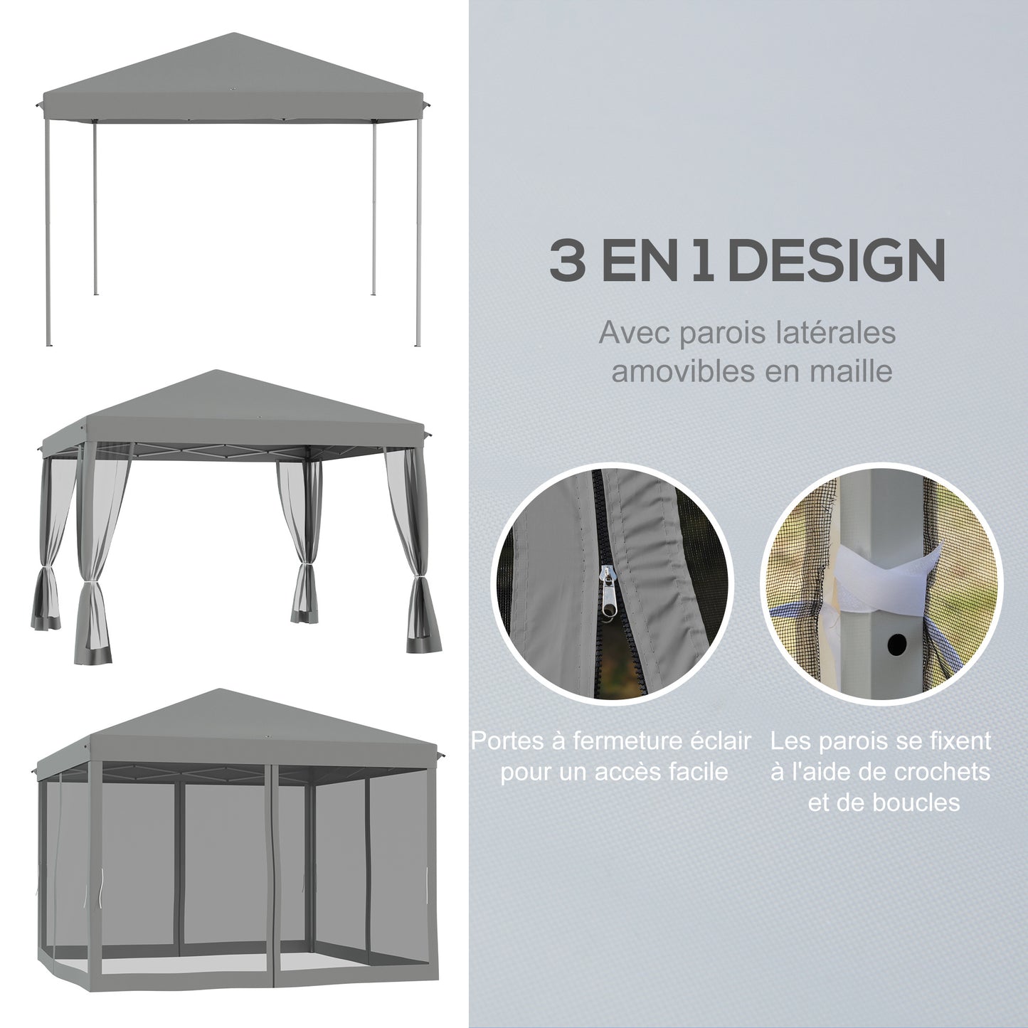 Paviljoen – Tuinkamer – Tunneltent – Partytent – Gazebo – Grijs – 3x3 Meter – 4 Afneembare Muggennetten