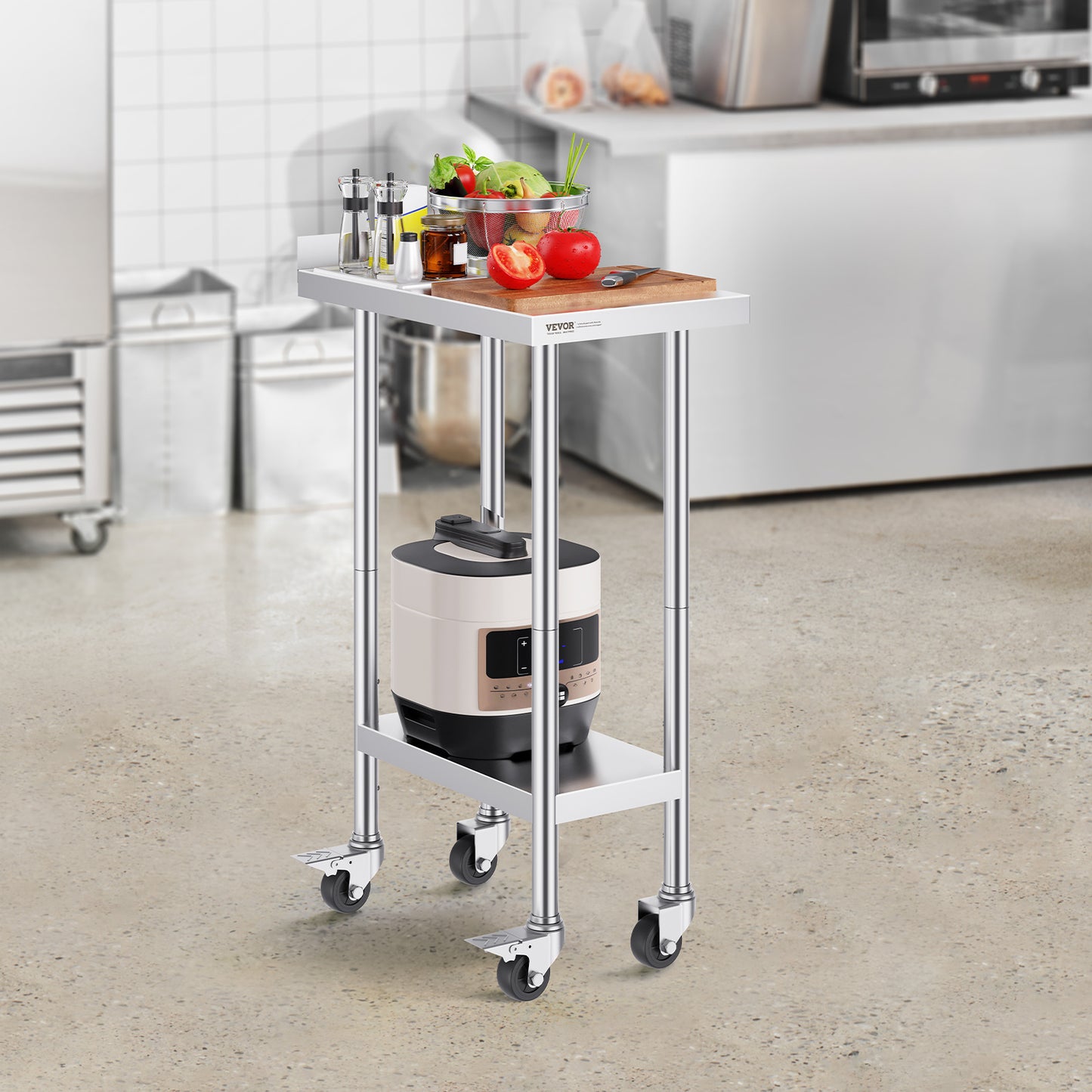 Werktafel – Werkbank – RVS Tafel – Keukentafel – Opbergsysteem – Roestvrij Staal SUS201 – 3 Verstelbare Legplanken – Zwenkwieltjes Met Rem