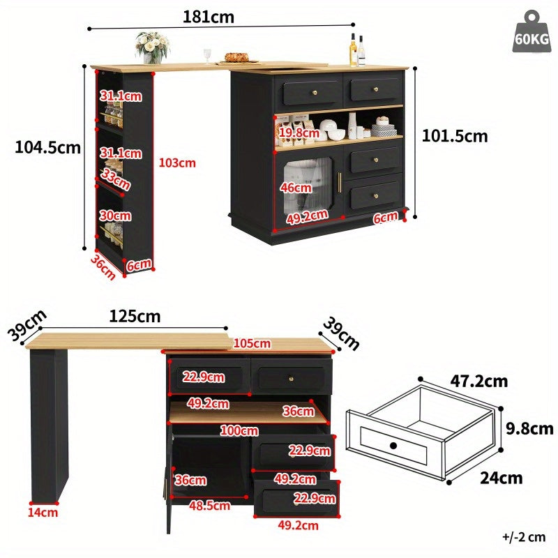 Bartafel – Statafel – Barmeubel – Keukentafel – Eettafel – Uitschuifbaar 125-181 cm – 360° Draaibaar – Metaal & MDF – Met Opbergruimte – Zwart – Voor Horeca & Thuis