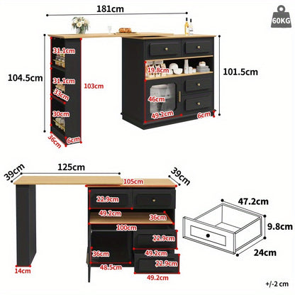 Bartafel – Statafel – Barmeubel – Keukentafel – Eettafel – Uitschuifbaar 125-181 cm – 360° Draaibaar – Metaal & MDF – Met Opbergruimte – Zwart – Voor Horeca & Thuis