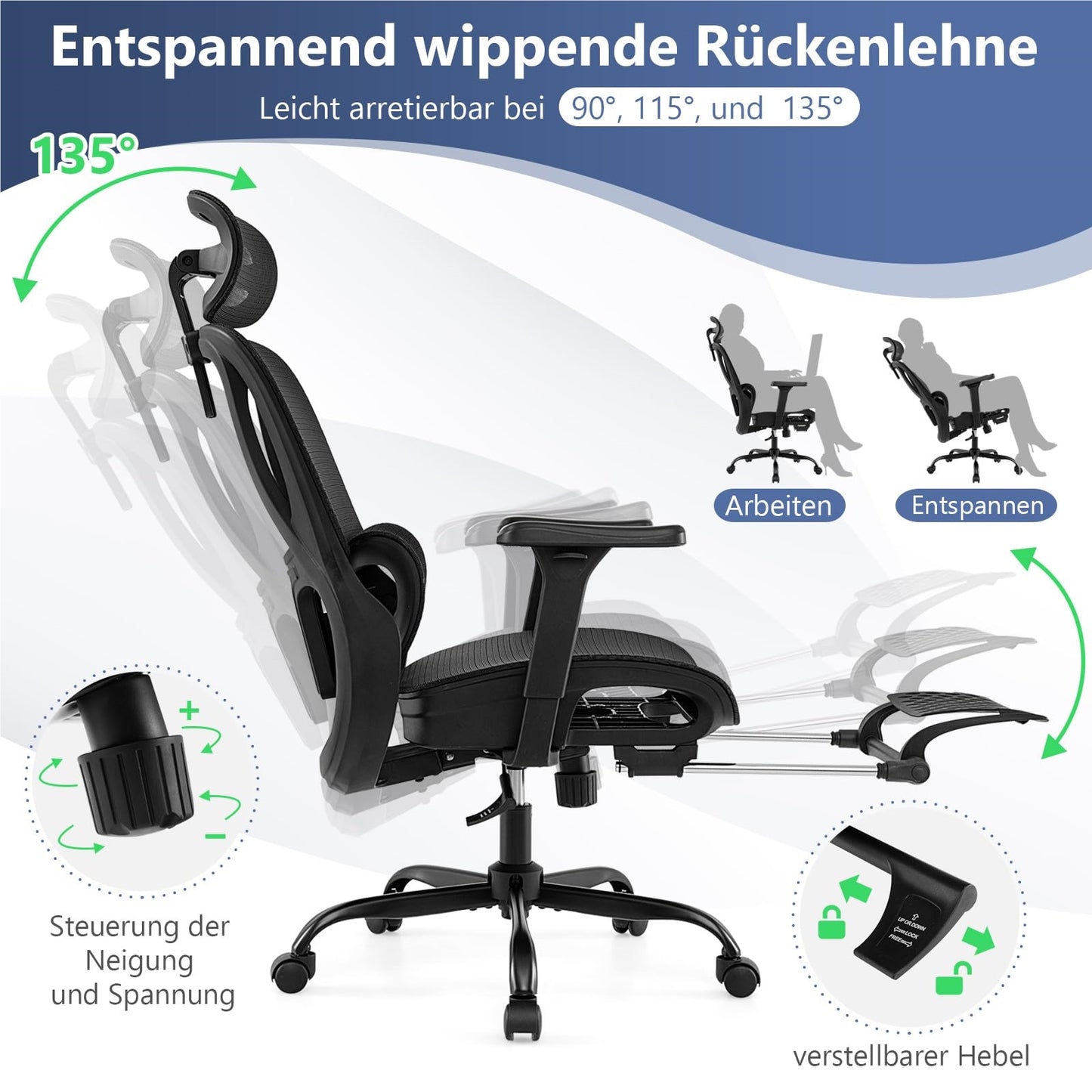 Ergonomische Bureaustoel – Kantoorstoel – Computestoel – Werkstoel – Bureaustoel Zwart – Uitschuifbare Voetensteun – 3D Verstelbare Armleuningen