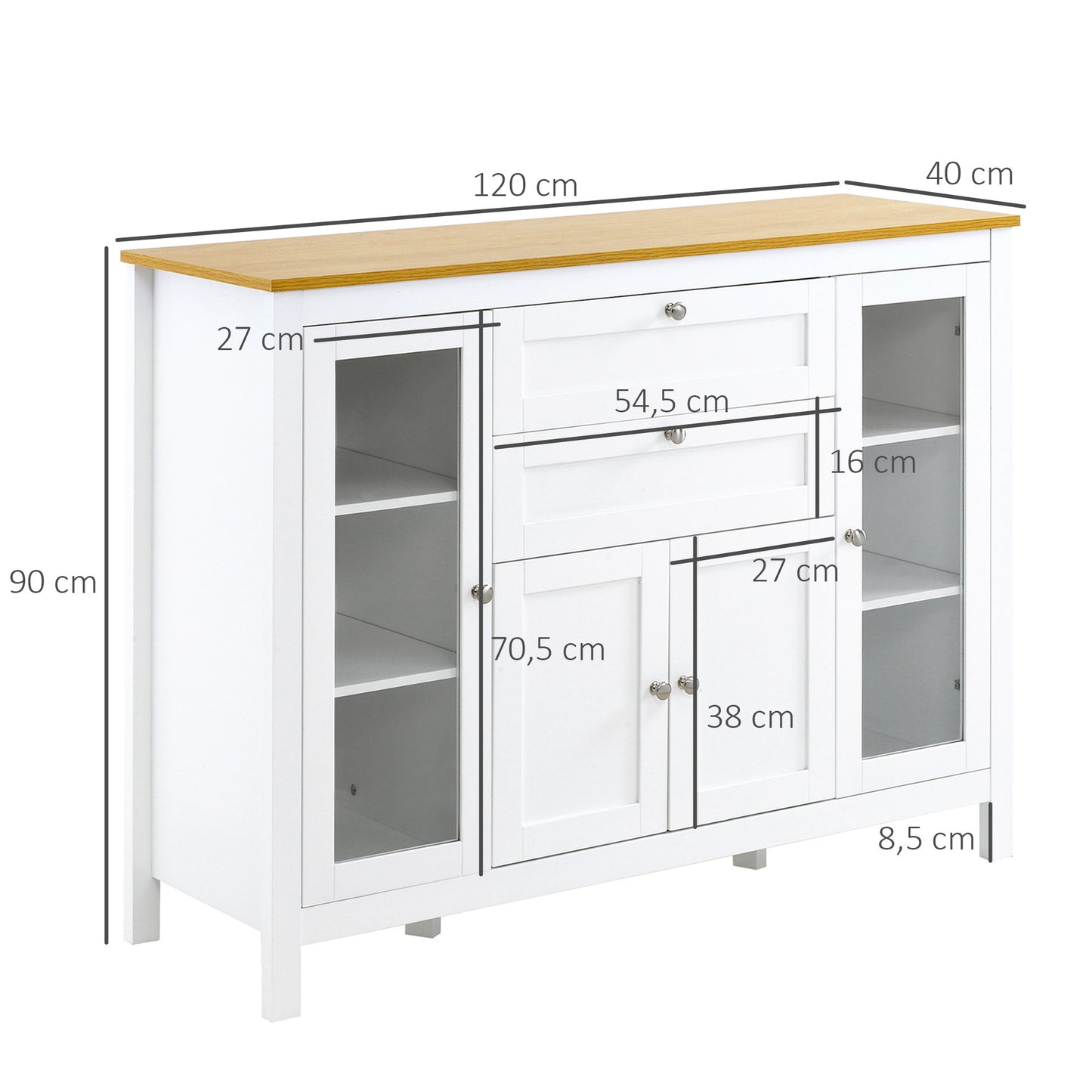 Dressoir – Buffet – Kast – Opbergmeubel – Woonkamermeubel – Wit Met Houtlook – 2 Glazen Deuren – Verstelbare Planken – 2 Lades – 1 Afsluitbare Kast – MDF En Metaal – Anti-Kantel Veiligheid
