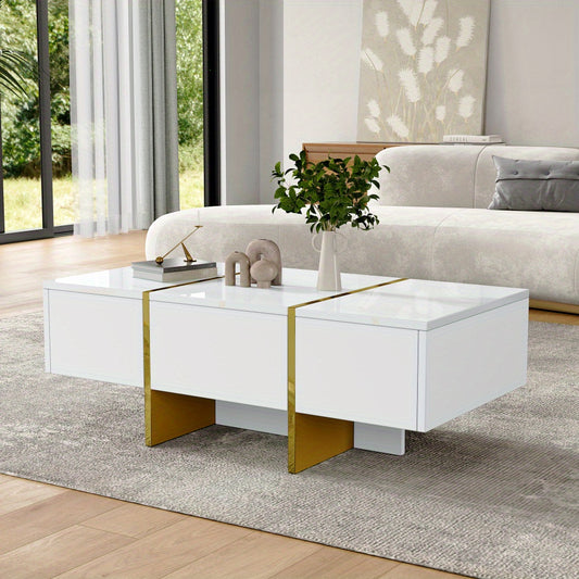 Salontafel – Koffietafel – Bijzettafel – Tafel – Woonkamertafel – Hoogglans Wit Met Gouden Accenten – 4 Laden – Duurzaam Spaanplaat – Compact & Ruimtebesparend