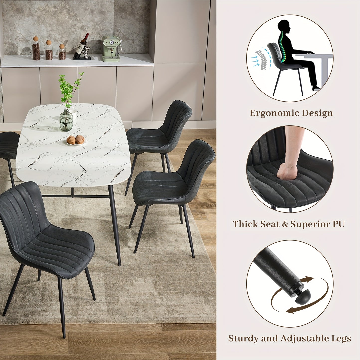 2-Pack TACKVIEW Classic Black Leather Dining Chairs with Vertical Stripes, Memory Foam Cushion & Metal Frame - Ergonomic Armless Design, 136.08KG Weight Capacity, 17, 12.7cm Wide Seat, 60.96cm Height, 18, 12.7cm Depth for Mod