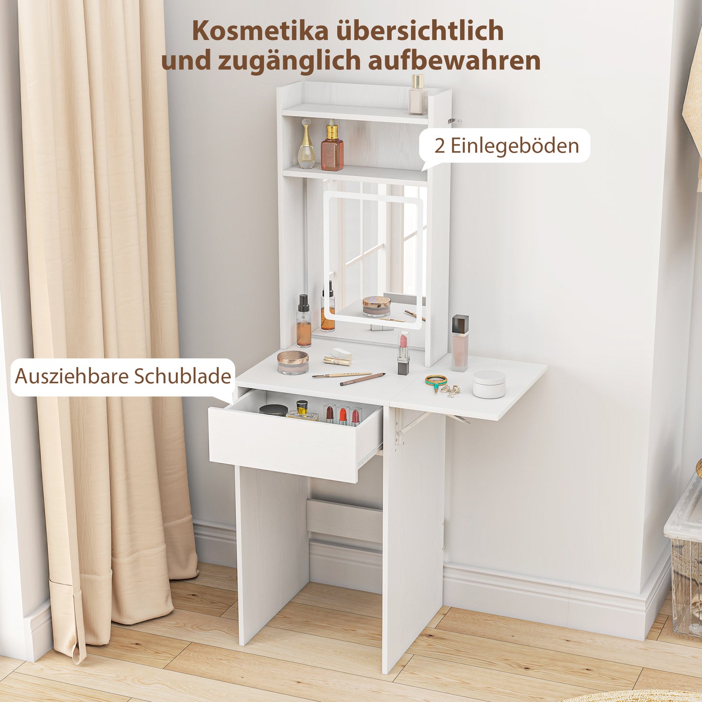 Make-up Tafel – Kaptafel – Make-up Bureau – Schminktafel – Vanity Tafel – Compact Ontwerp – LED-verlichting Met Spiegel