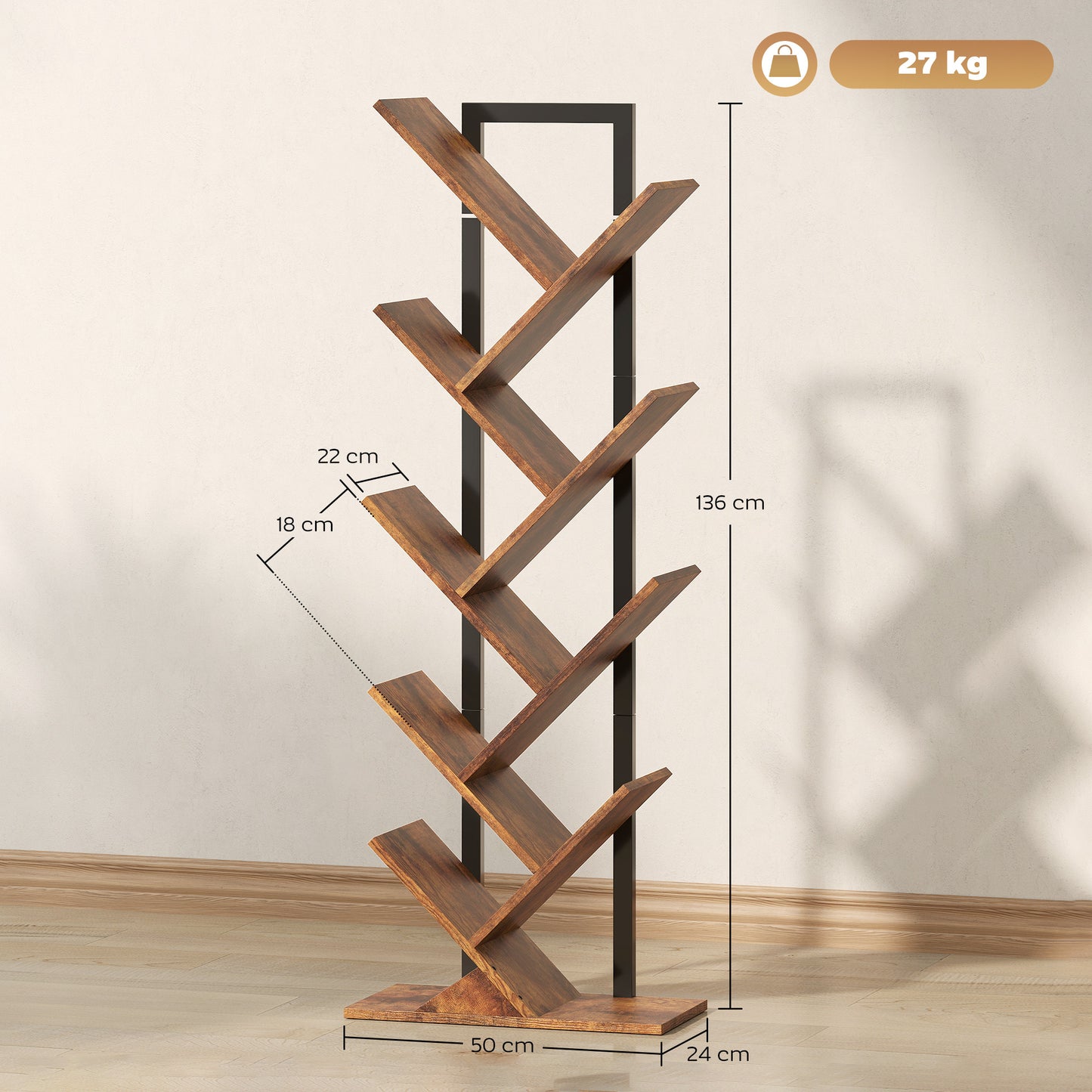 Boekenplank – Boekenkast – Wandplank – Opbergkast – Rek – Smal En Hoog – Boomvormig Design – Rustiek Bruin Hout