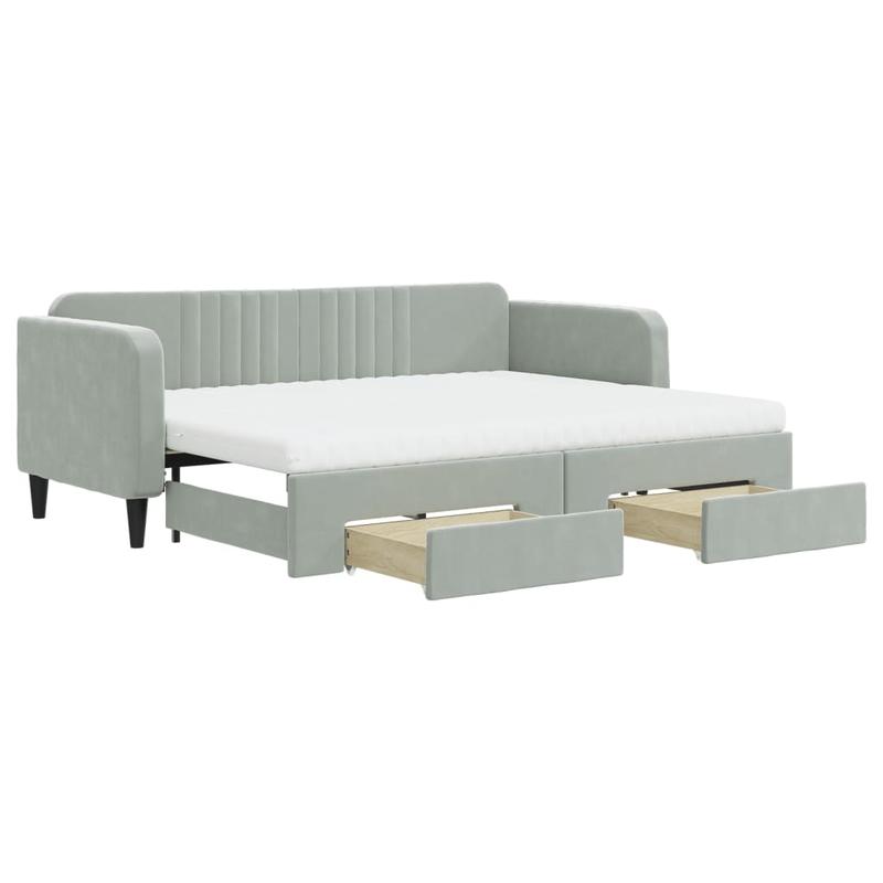 Bedframe – Eenpersoonsbed – Slaapbank – Platformbed – Jeugdbed – Lichtgrijs Fluweel – Opbergruimte Met Lades En Planken – Stevig Houten Frame 80x200 cm
