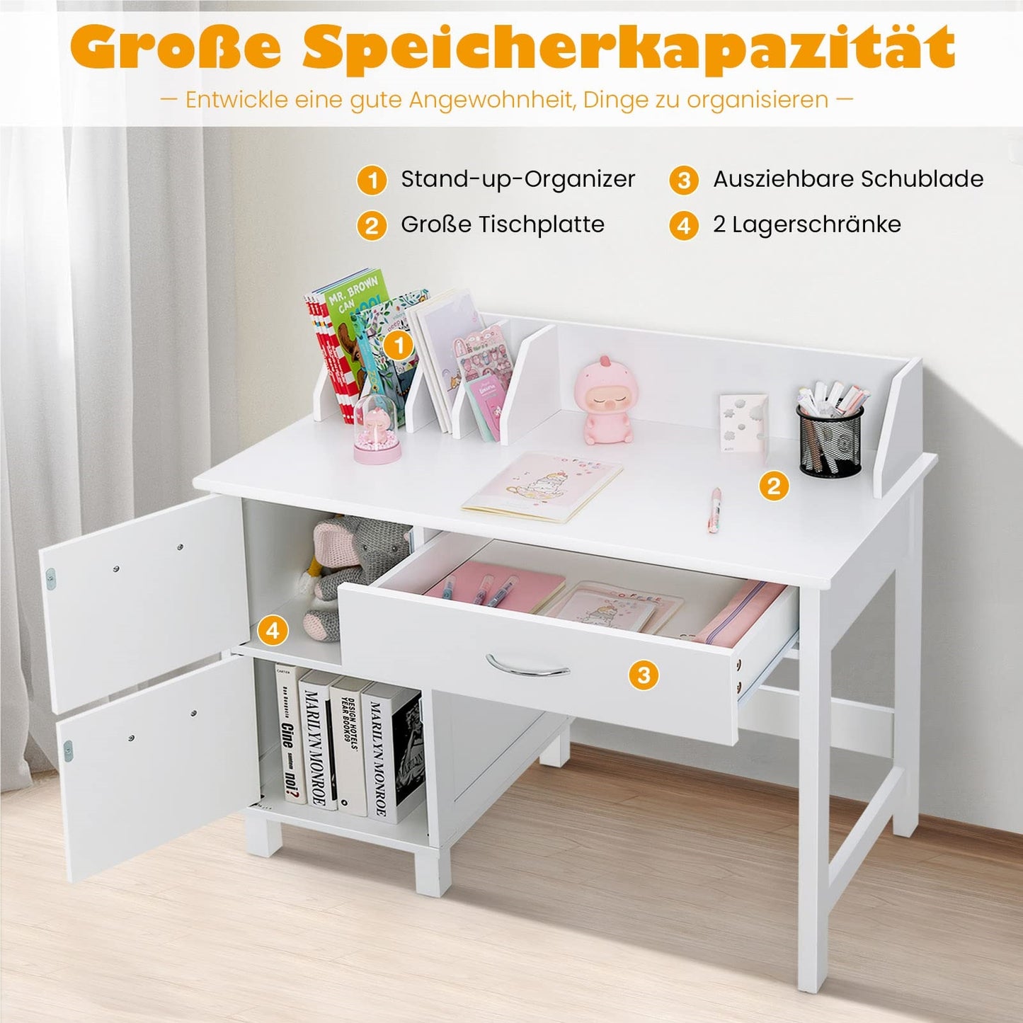 Kinderschrijfstoel – Kinderbureau – Studietafel – Tekenbureau – Kinderwerkplek – Met Opbergruimte & Lade – Ergonomische Rugleuning – MDF Wit
