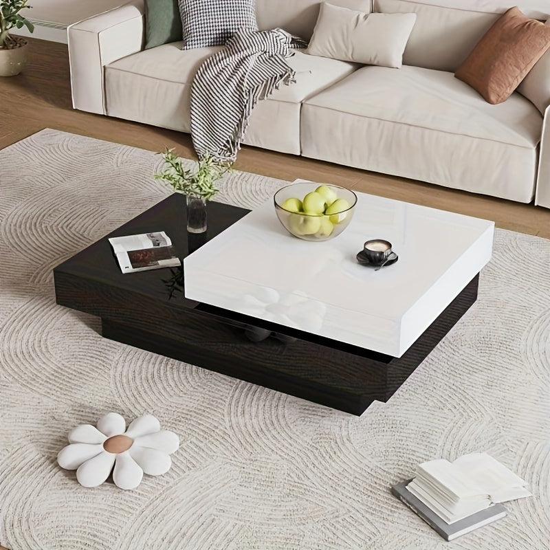 Uitbreidbare Salontafel – Draaibare Tafel – Woonkamertafel – Uitschuifbare Tafel – Moderne Lounge Tafel – Glanzend Wit Met Zwarte Witte Stiksels – Dubbele Laag Met Bamboe Materiaal