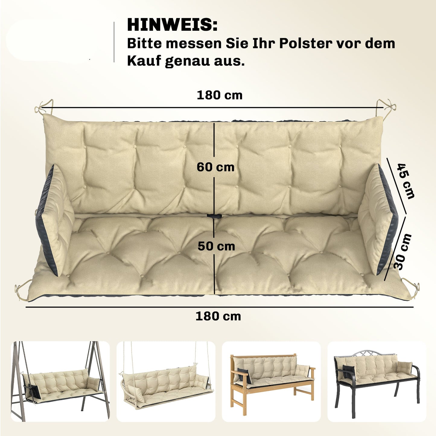 Buitenkussen – Tuinkussen – Sierkussen – Tuinstoelkussen – Bankkussen – Waterafstotend – Polyester Schuim 180x110x8 cm – Beige Zwart