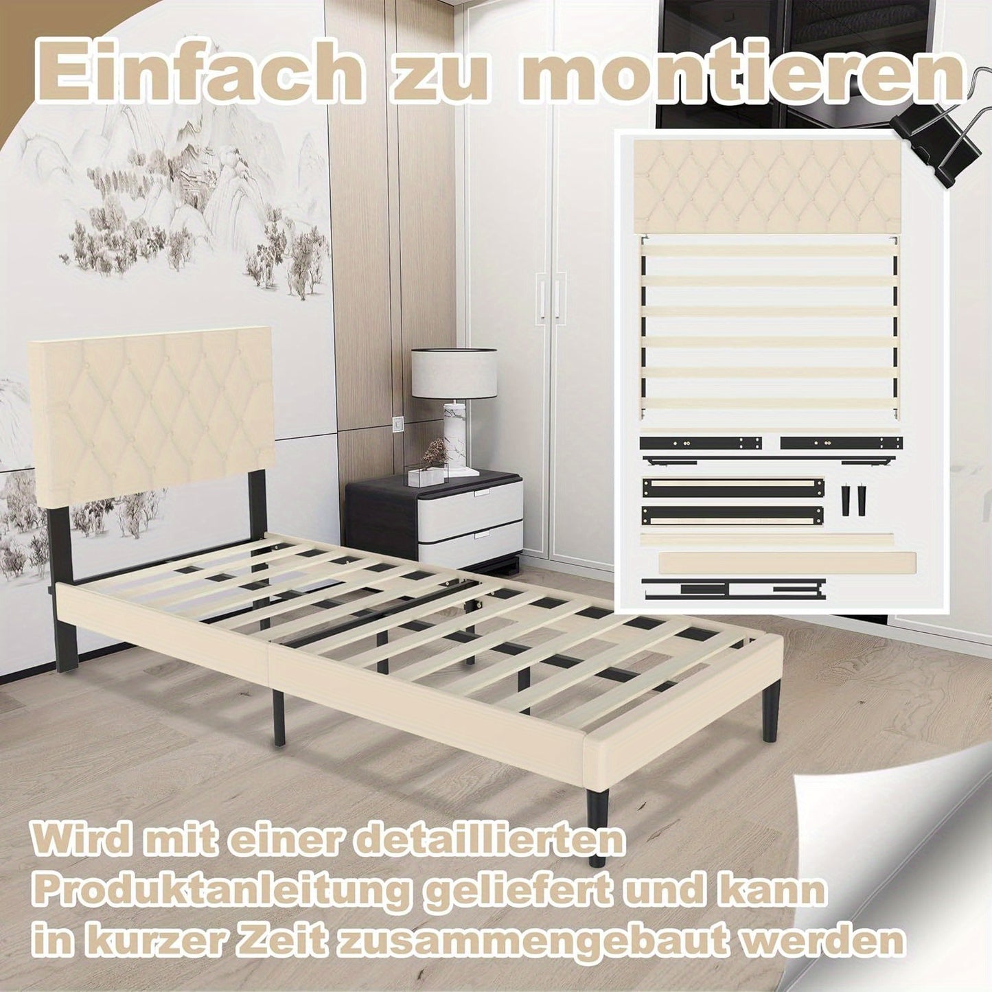 Bedframe – Gestoffeerd Bed – Tweepersoonsbed – Platformbed – Lattenbodem – 90x200 cm – Imitatieleer Beige – Stevig Met 12 Latten