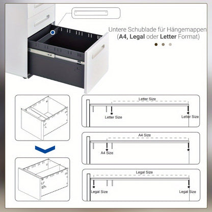 Ladekast Metalen Kassalade – Ladenkast Bureaulade Opbergkast Office Cart – 3 Lades – Mobiel – Staal Wit – Compact – Ruimtebesparend 39x48x59 cm