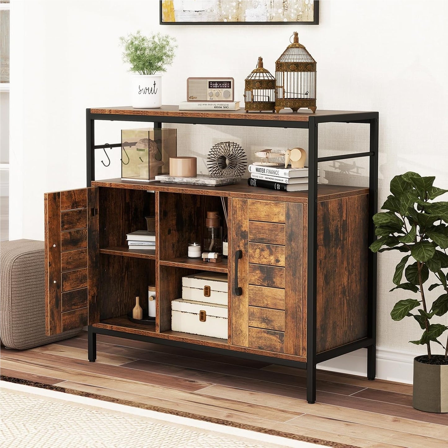 Houten Dressoir – Sideboard – Keukenkast – Buffetkast – Opbergkast – Industrieel – Verstelbare Planken – Inclusief 3 Haken – Bruin Zwart