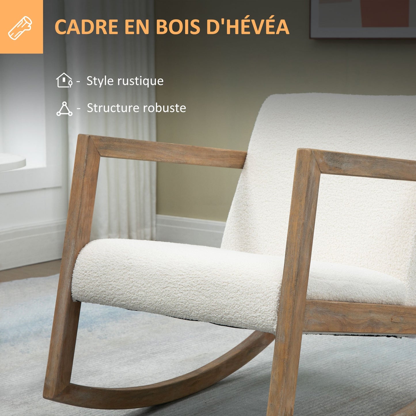 Schommelstoel – Wipstoel – Fauteuil – Relaxstoel – Lounge Stoel – Bouclé Bekleding – Houten Frame – Compact Formaat – Max. 150 kg Draagkracht