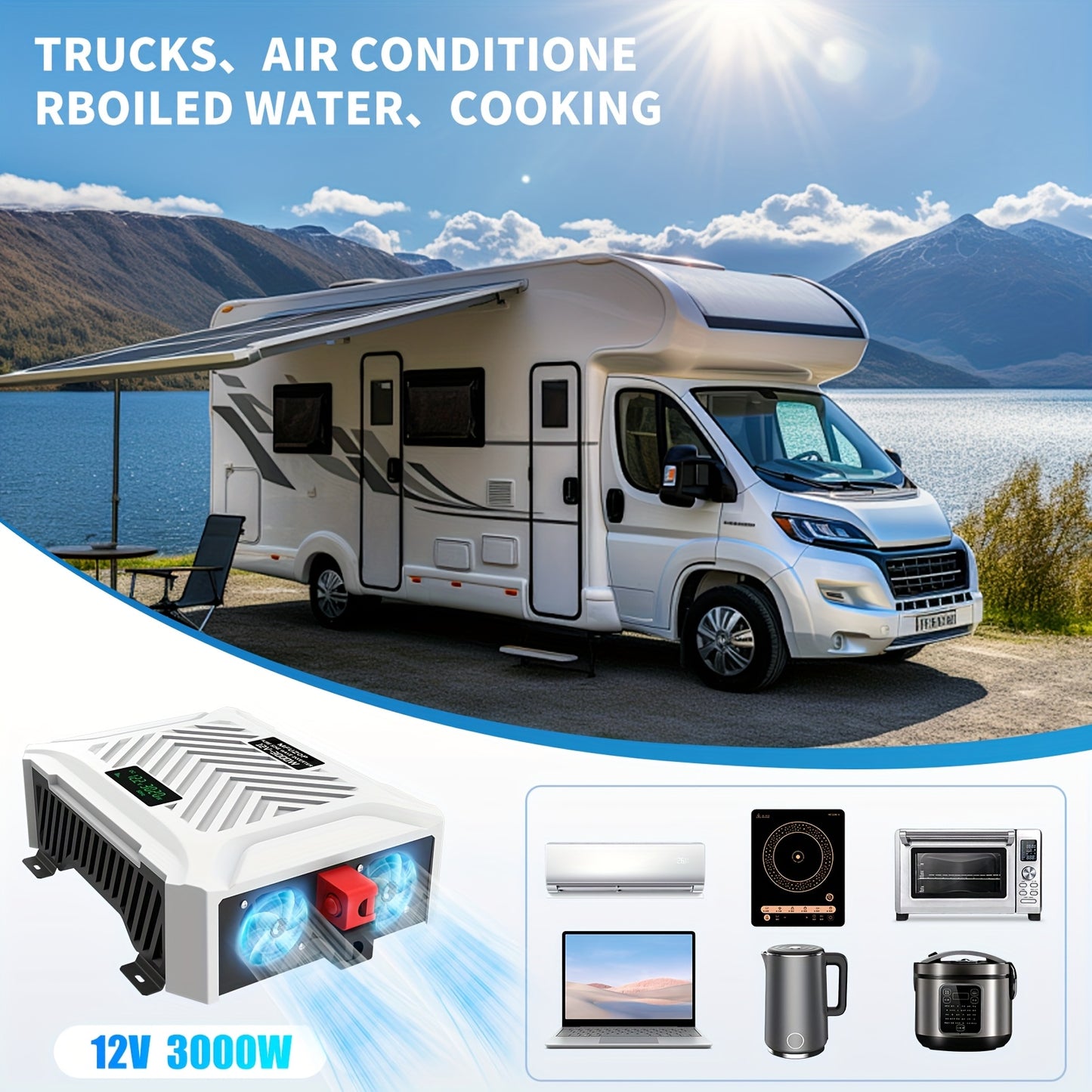Omvormer – Spanning Converter – Power Inverter – Stroomomvormer – Sinusgolf Omvormer – Zuivere Sinusgolf – 12V - 3000W – Overbelasting Bescherming – Hoge Efficiëntie