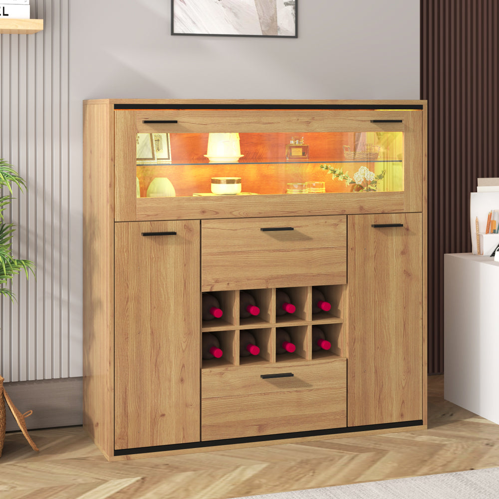 Dressoir – Opbergkast – Buffetkast – Ladekast – Kast – Rustiek Design – Dubbele Deuren & Wijnrek – 110x111x38 cm Natuurlijk