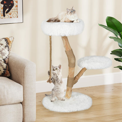 Krabpaal Hout – Krabpaal Kat – Kattenkrabpaal – Kattenpaal – Natuurlijk Perenhout – 90 cm Hoog – Zachte Pluche Zitplekken