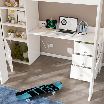 Loft Bed, Desk, Wardrobe And Filing Cabinet with Stairs And Slatted Shelves, Storage Space, 90 X 200, Mattress Not Included