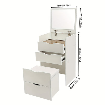 Make-up Tafel – Kaptafel – Schminktafel – Vanity Set – Make-up Desk – Compact Design – MDF Houtlook met Crème Afwerking – Kantelbare Spiegel en Verborgen Kruk – 3 Laden Opbergruimte