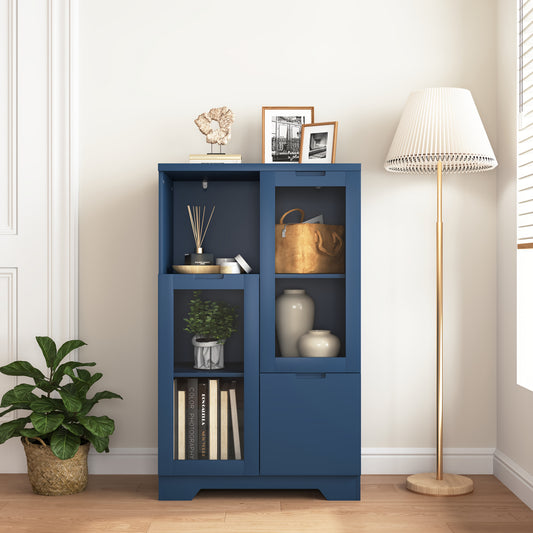 Kledingkast – Garderobekast – Opbergkast – Dressoir – Wandkast – Blauw Lacquered MDF – Glazen Deuren & Laden – Compact Minder Dan 70 cm Hoog