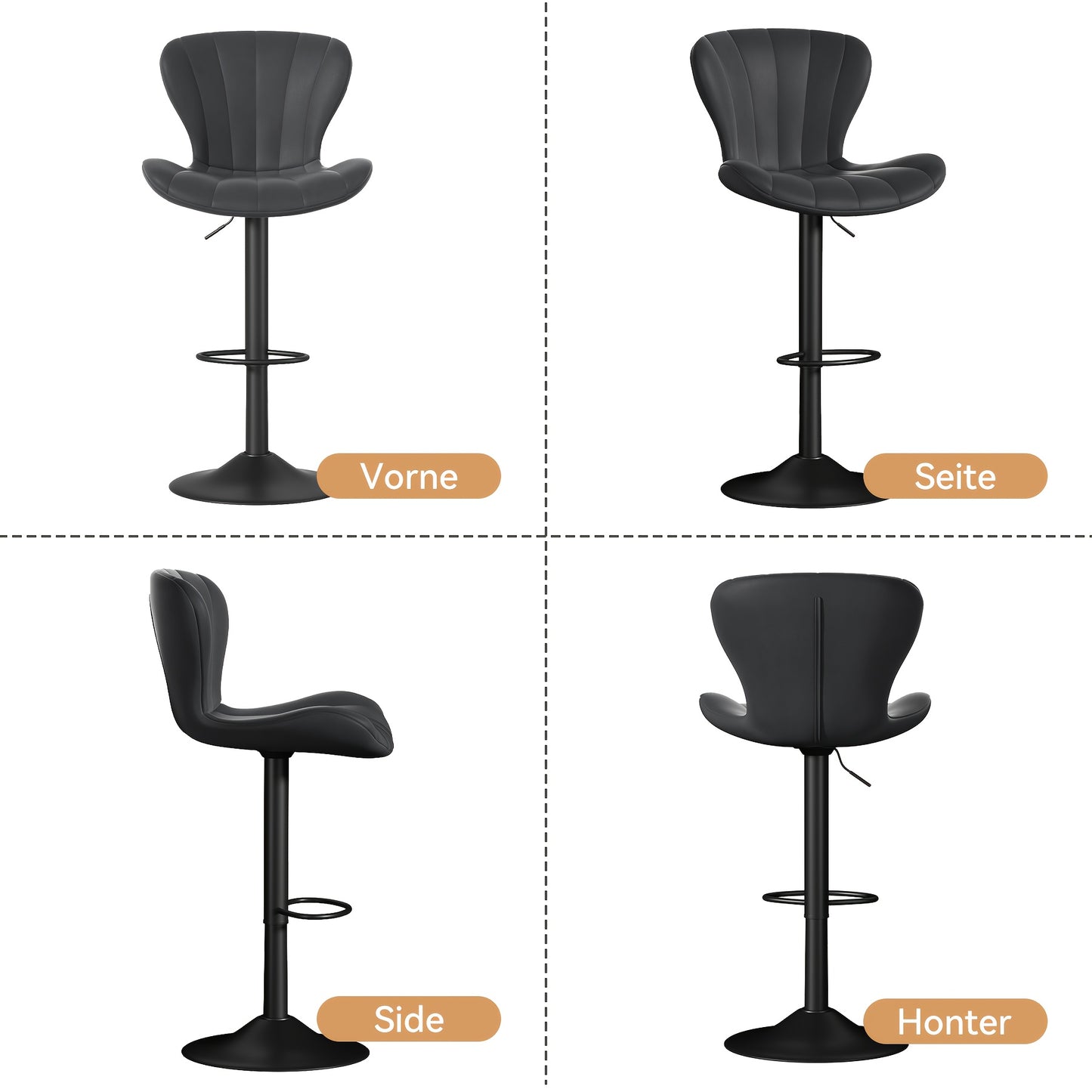 Barkrukken – Barstoelen – Hoogzitstoelen – Keukenkrukken – Barstoelen met rugleuning – 360° Draaibaar – Verstelbare Zithoogte – Zwart Kunstleer – Mid-century Modern