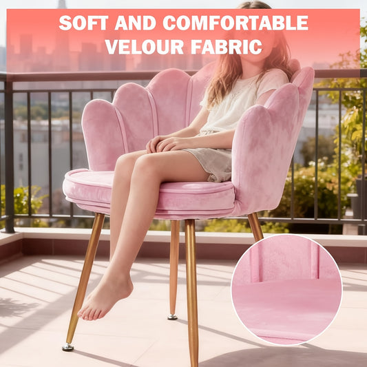 Pink Velvet Dressing and Dining Chair | Petal-shaped Backrest and Armrests with Golden Metal Legs, Suitable for Bedroom, Dining Room, Study - MSFE
