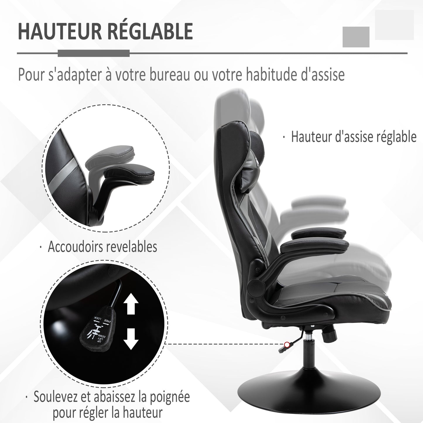 Vinsetto Gaming Chair, 360-Degree Swivel, Ergonomic, Height-Adjustable, with Retractable Armrests, Headrest Included, Faux Leather Upholstery, 67 X 70 X 106-112 Cm, Light Grey And Black.