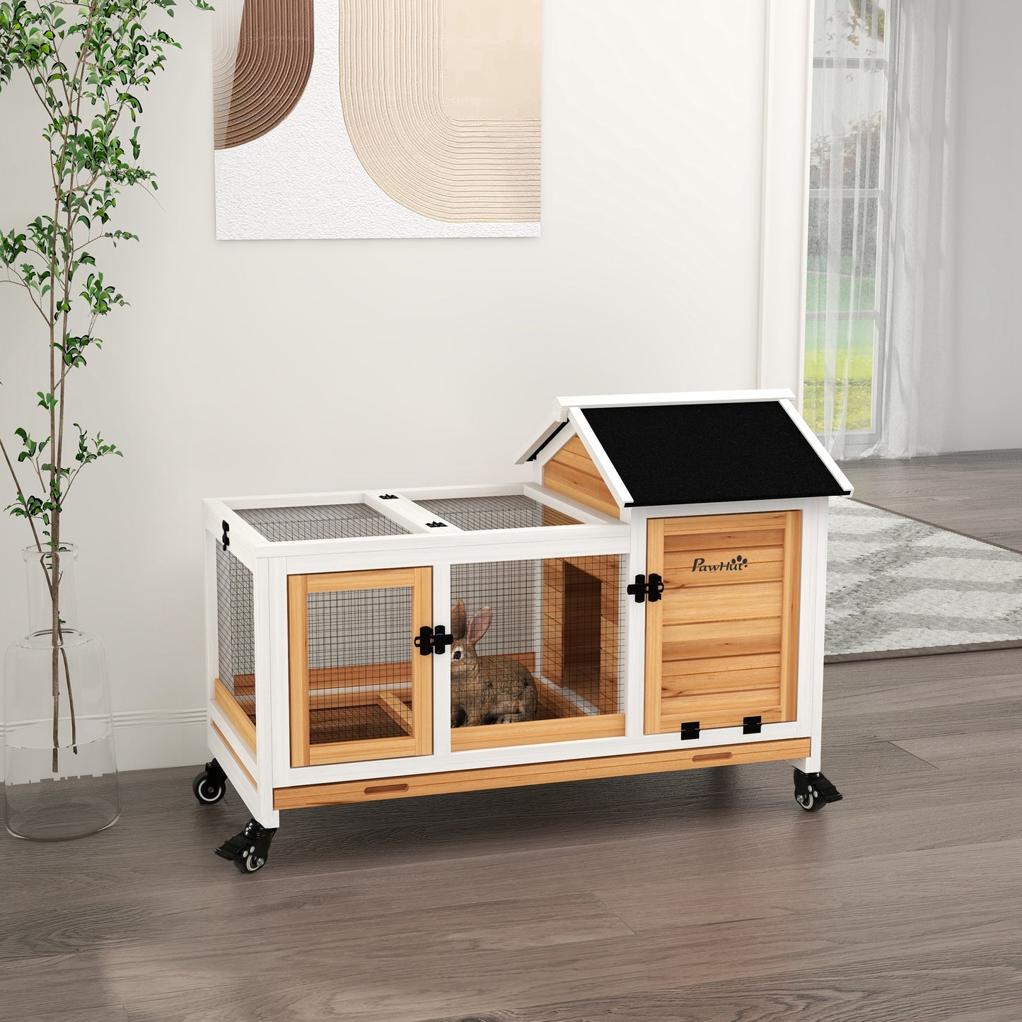 Konijnenren – Houten Ren – Konijnenkooi – Buitenren – Dierenhok – Geel – Met Wieltjes – Twee Afsluitbare Deuren – Uitneembare Zinklade – 108x58x73,5 cm