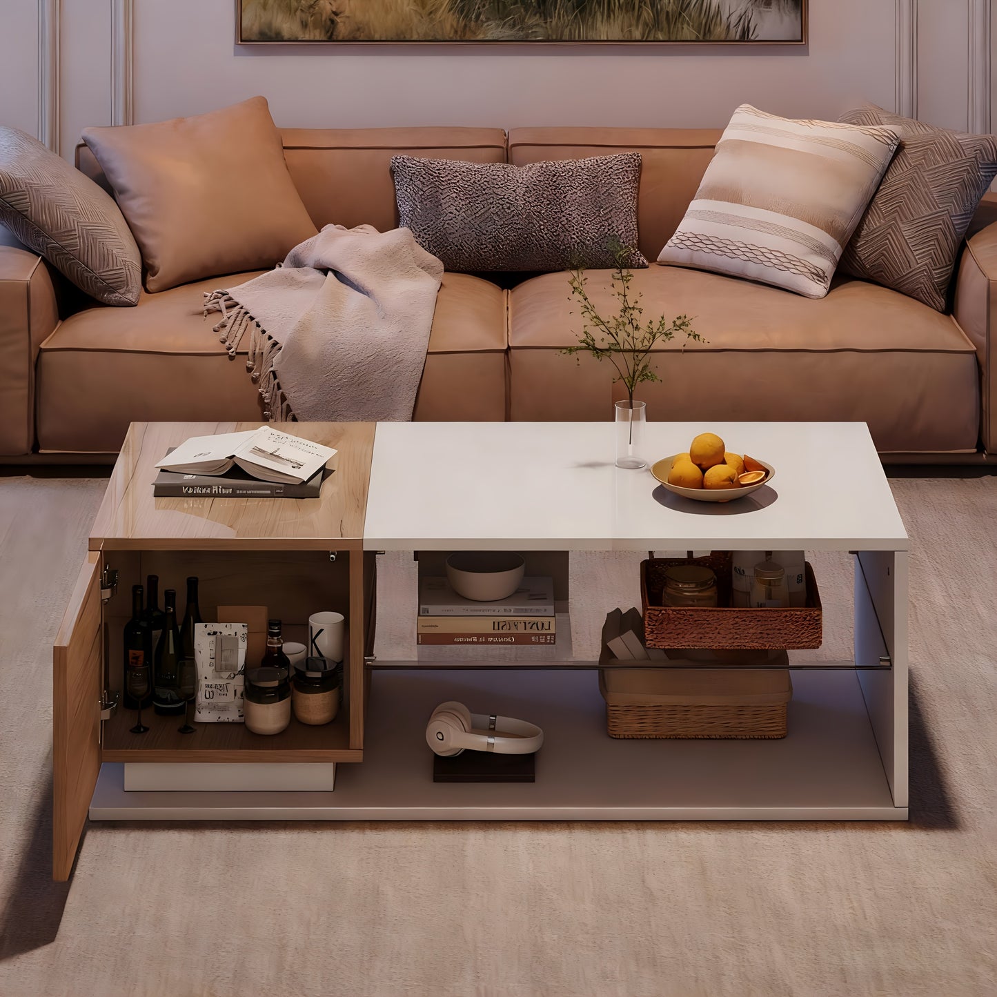 Salontafel – Koffietafel – Woonkamertafel – Tafeltje – Design Tafel – Two-Tone Hoogglans Glas – Compact Met Opbergruimte – Duurzaam & Eenvoudig Te Montateren