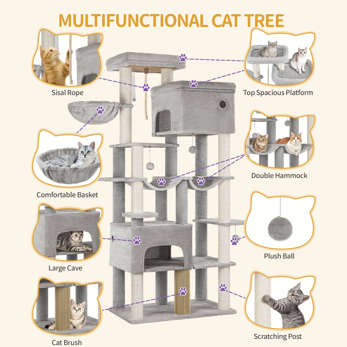 Cat Scratching Post 200cm XXL, Includes 10 Scratching Posts, 2 Cat Beds, 2 Hammocks, Large Platform, Cat Brush, Basket, Heavy-duty Cat Tree, Suitable for Maine Coons And Large Cats, Light Grey, Dark Grey, Beige, Pet Climbing - QUORE