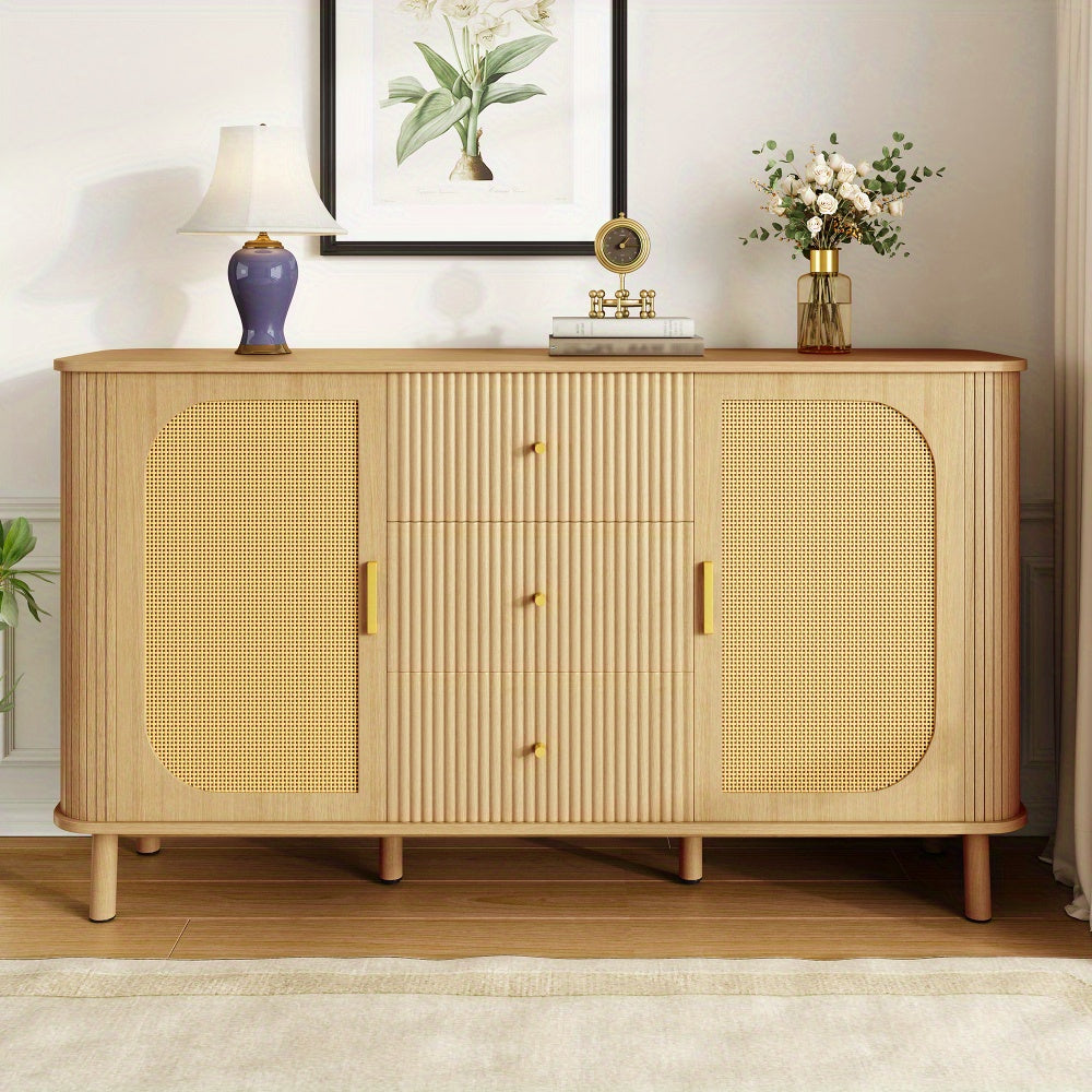 Dressoir – Opbergkast – Ladekast – Buffetkast – Commode – Modern Design – Duurzaam Materiaal – Licht Beige/Natuurlijke Bruin – Met Laden en Open Vakken – Stevige Metalen Poten