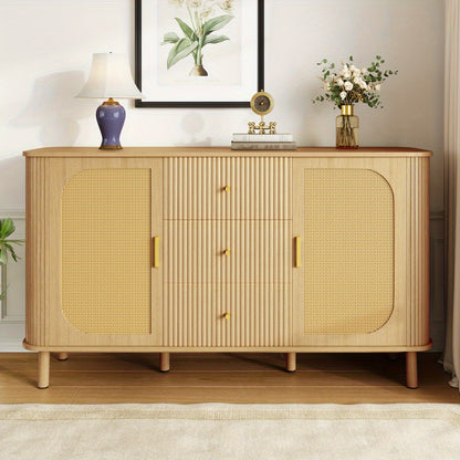 Dressoir – Opbergkast – Ladekast – Buffetkast – Commode – Modern Design – Duurzaam Materiaal – Licht Beige/Natuurlijke Bruin – Met Laden en Open Vakken – Stevige Metalen Poten