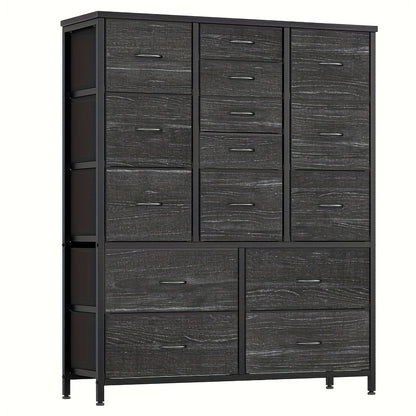 15-Laden Kast – Opbergkast – Ladekast – Dressoir – Organiser – Metaal & Stof – 15 Ruime Laden – Verstelbare Plastic Pootjes – Rustiek Design – 112 cm Breed – Zwart