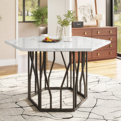 Zeshoekige Eettafel – Hexagonale Tafel – Woonkamertafel – Design Eettafel – Keukentafel – Marmerlook MDF Blad – Stevig Zwart Metalen Onderstel