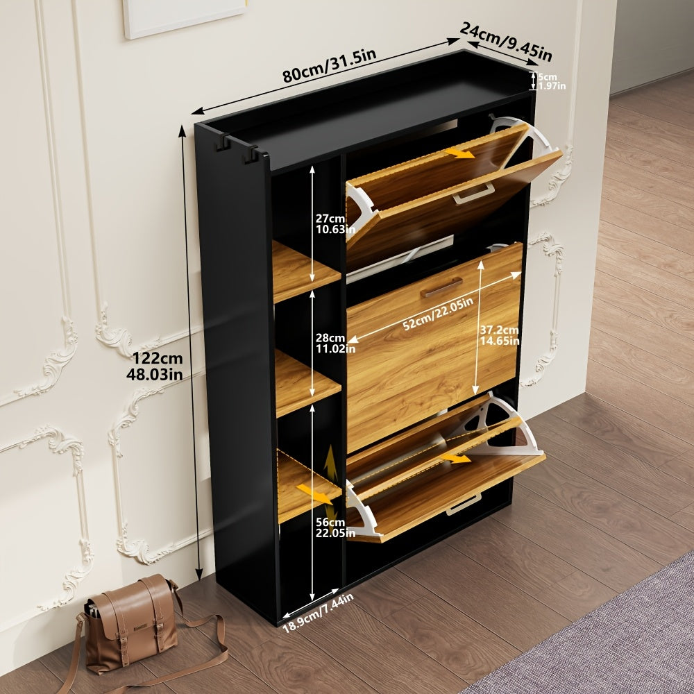 Schoenenkast – Schoenenopberger – Schoenenrek – Halmeubel – Schoenentoren – Smal Design – 3 Deuren – Hardhouten Constructie – Zwarte Afwerking – Bovenblad Display – Ruimtebesparend