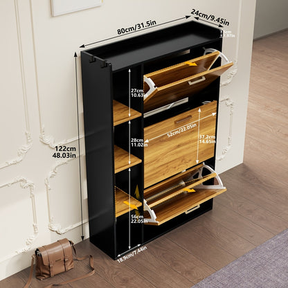 Schoenenkast – Schoenenopberger – Schoenenrek – Halmeubel – Schoenentoren – Smal Design – 3 Deuren – Hardhouten Constructie – Zwarte Afwerking – Bovenblad Display – Ruimtebesparend
