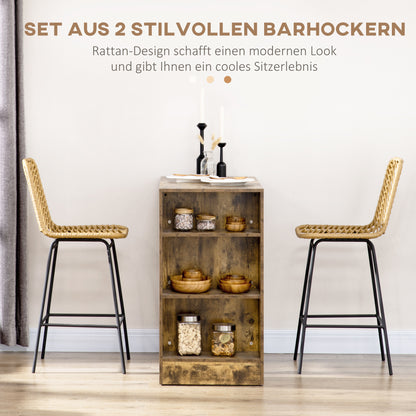 Barstoel – Barstoel Met Rugleuning – Keukenstoel – Barkruk – Boho Barstoel – Geel – PE Rattan & Stalen Frame – Ergonomische Rugleuning & Voetensteun