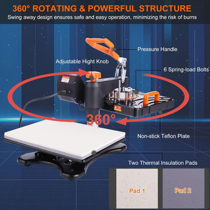8-in-1 Digital Heat Press Machine Combo for T-Shirts, Caps & Mugs - 360° Swing Away Dual-Tube Heating, 30.48x38.1 cm Sublimation Area, Includes Accessories for DIY Projects, Black & Orange Design, Heat Press Transfer Designs