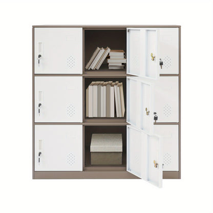 9-Door Heavy-Duty Lockable Metal Storage Cabinet with Card Slots & Key Lock - Modern Floor-Standing Office Cabinet with 9 Individual Compartments, 74.84KG/Shelf Capacity, Easy Assembly for Home Office, School, Business - Cont