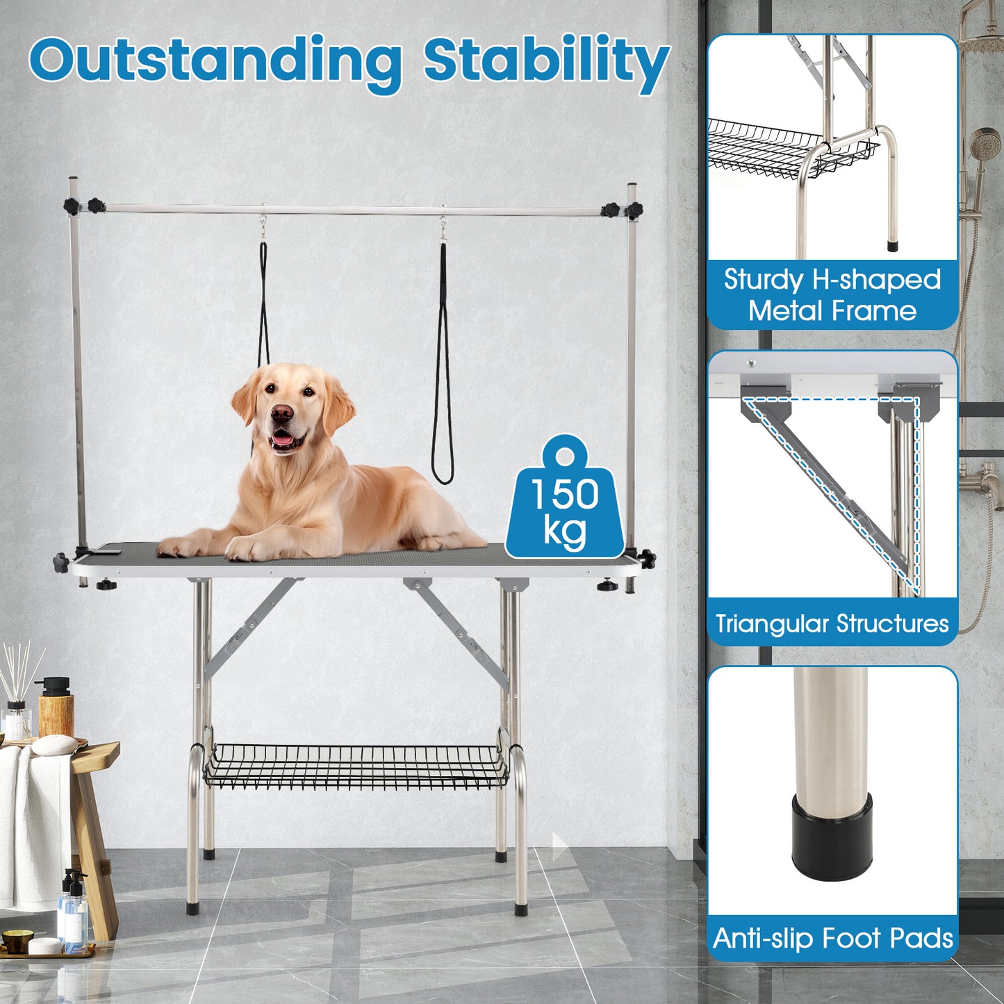 Verstelbare Trimtafel – Trimbank – Verzorgingstafel – Honden Tafel – Wasstation – Stevig H-Vormig Frame – Verstelbare Hoogte Tot 86 cm – Opvouwbaar & Antislip Tafelblad – Zwart