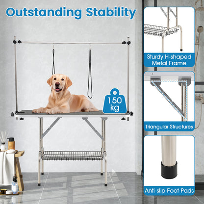 Verstelbare Trimtafel – Trimbank – Verzorgingstafel – Honden Tafel – Wasstation – Stevig H-Vormig Frame – Verstelbare Hoogte Tot 86 cm – Opvouwbaar & Antislip Tafelblad – Zwart