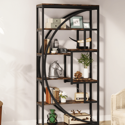Industriële Boekenkast – Boekenplank – Wandrek – Opbergkast – Displaykast – 179,8 cm Hoog – Zwart Metalen Frame & Bruine Houten Planken – Stevige 6-Lagen Opslag