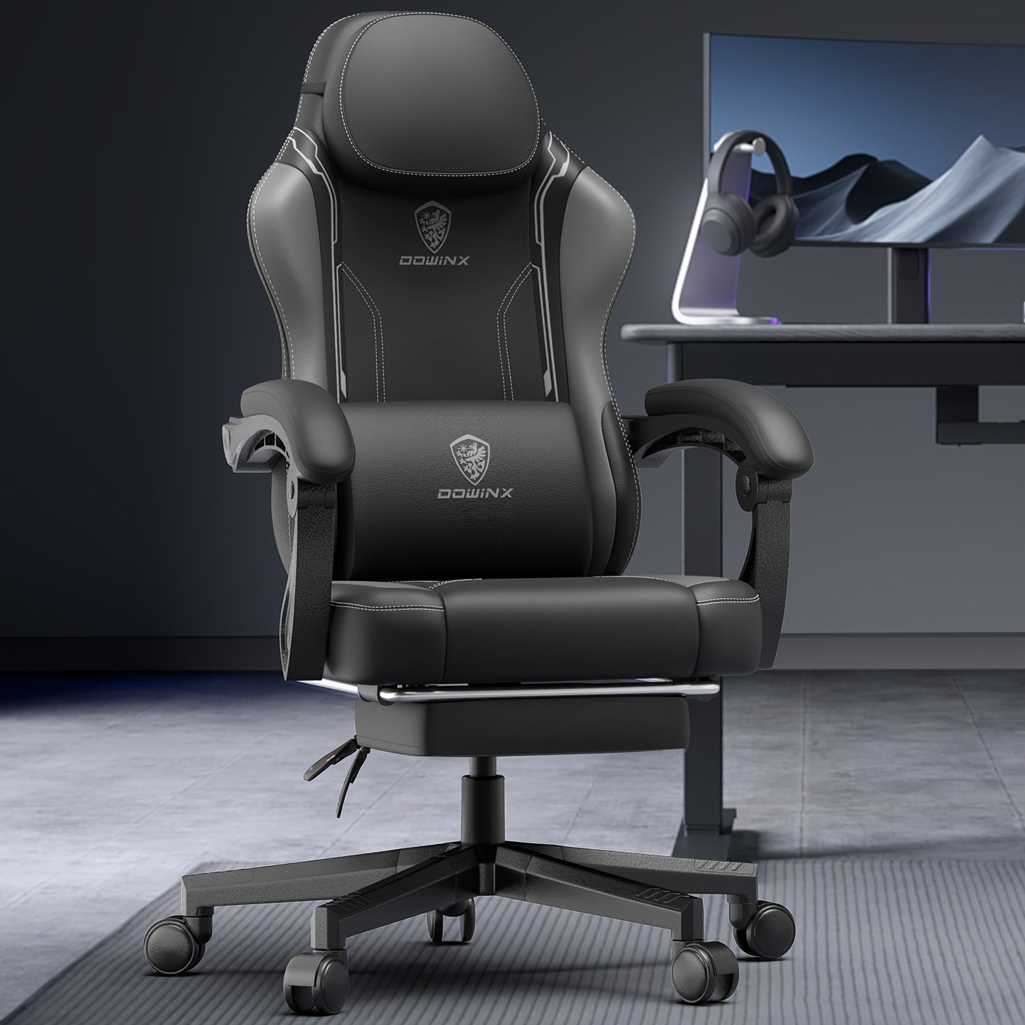 Ergonomische Gamingstoel – Gamestoel – Bureaustoel – Zwart Stoel – Fauteuil – Kunstleer Bekleding – Handmatig Verstelbare Rugleuning – Stevig Stalen Frame – Diepgrijs