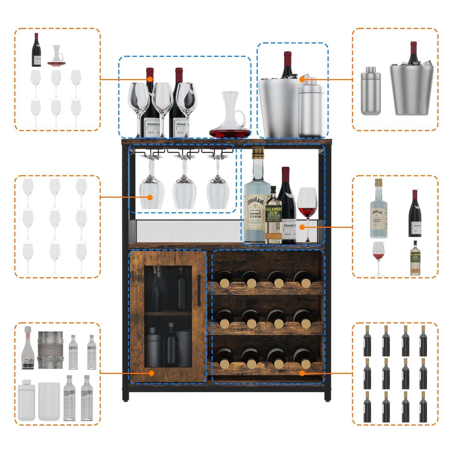 Koffiebarkast – Wijnrek – Buffetkast – Barmeubel – Opbergkast – Vrijstaand – 12 Wijnfles Houder – 9 Wijnglazen Rek – Ruim Werkblad – Mesh Deurtje Storage