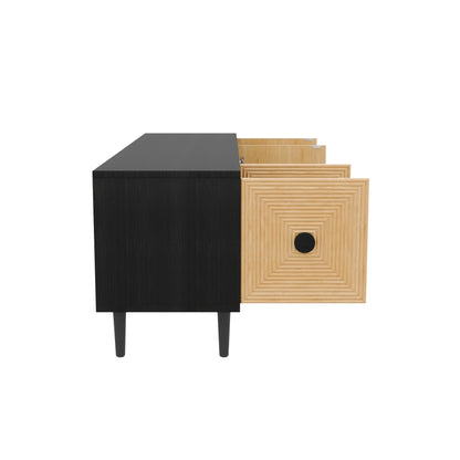 TV-meubel – Tv-kast – Lowboard – Media meubel – Entertainment kast – Zwart met bamboe – Laag design 150x38x55 cm – Ruime opbergruimte
