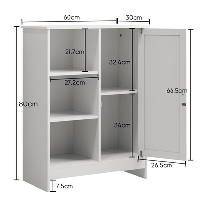 Dressoir – Ladekast – Opbergkast – Buffetkast – Kast – Wit – 1 Deur & 3 Open Vakken – Verstelbare Planken – Compact 60x30x80 cm