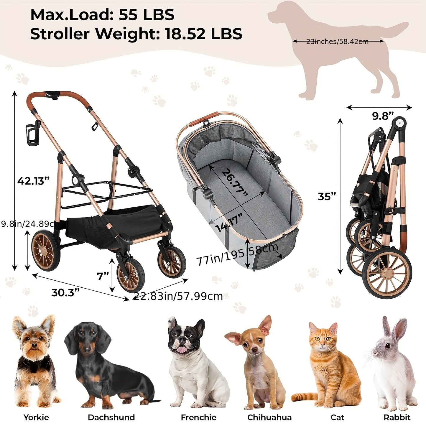 Hondenwagen – Hondenbuggy – Huisdierwagen – Dierenwagen – Kattenbuggy – Geschikt tot 25 kg – 4 Rubberwielen met Schokdempers – Inklapbaar – Lichtgewicht Carbonstaal Frame – Champagne Golden Black